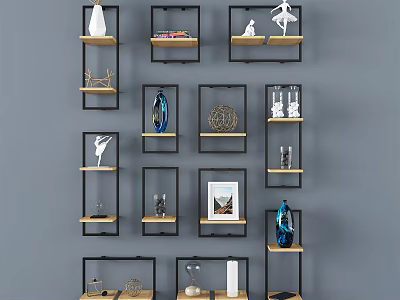 Wall Shelves With Black Frames And Wooden Shelves On Gray Wall Displaying Decorative Items 3d model