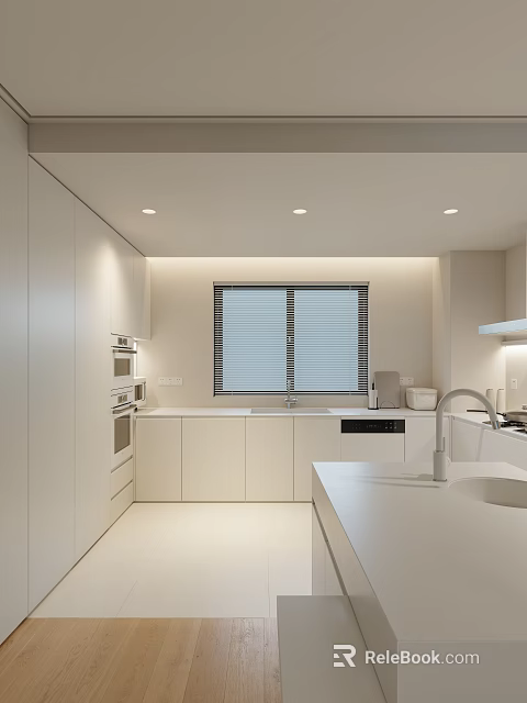 Sleek Modern Kitchen Interior With White Cabinets Countertop Window Blinds And Appliances 3d model 