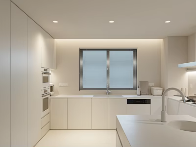 Sleek Modern Kitchen Interior With White Cabinets Countertop Window Blinds And Appliances 3d model