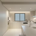Sleek Modern Kitchen Interior With White Cabinets Countertop Window Blinds And Appliances