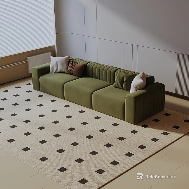 Green Three Seater Sofa With White And Brown Pillows On Black White Diamond Pattern Rug 3d model 