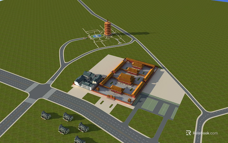 Ancient Architecture Complex With Traditional Courtyard Red Pagoda Green Lawn And Roads 3d model 