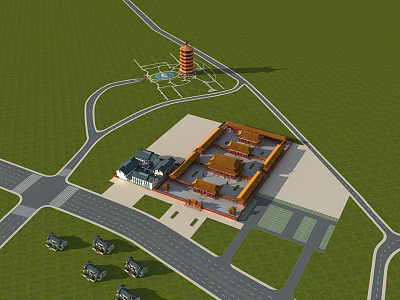 Ancient Architecture Complex With Traditional Courtyard Red Pagoda Green Lawn And Roads 3d model