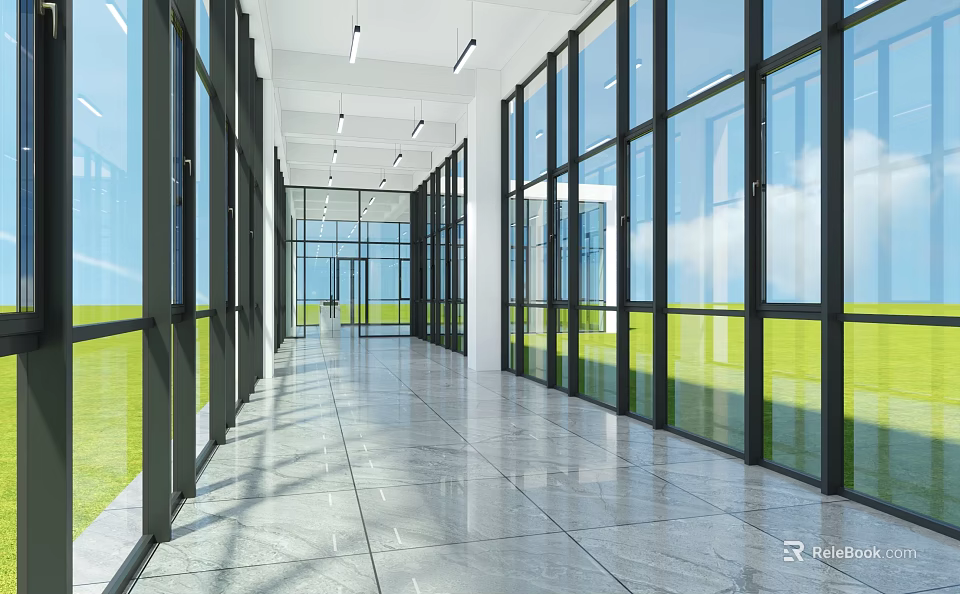 Spacious Modern Corridor With Large Glass Windows Gray Tiled Floor And Green Grass View 3d model