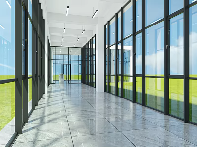 Spacious Modern Corridor With Large Glass Windows Gray Tiled Floor And Green Grass View 3d model