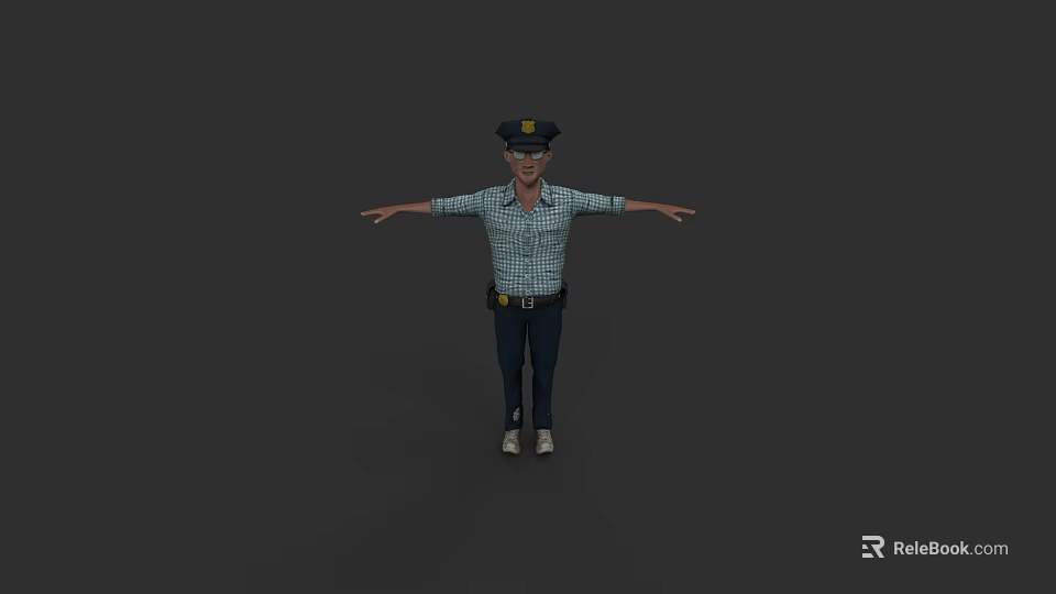 Game and Movie Character Police Officer in Checkered Shirt with Cap and Outstretched Arms 3d model 