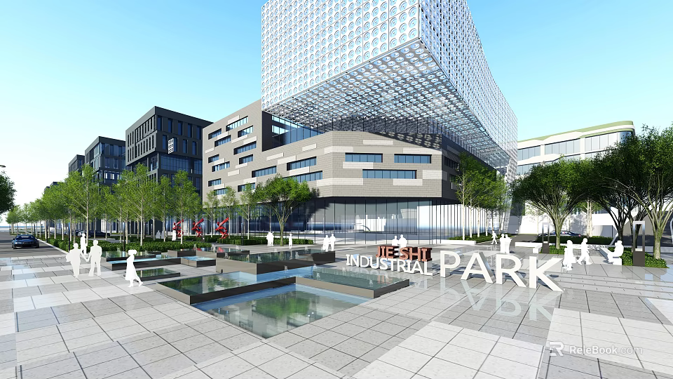 Modern Industrial Factory Exterior Design With Glass Curtain Walls And Plaza Greenery 3d model 