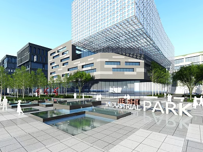 Modern Industrial Factory Exterior Design With Glass Curtain Walls And Plaza Greenery 3d model