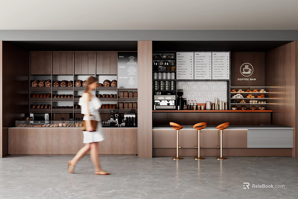 Modern Milk Tea Shop Interior With Bar Counter Stools And Menu Boards 3d model 
