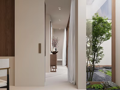 Minimalist Entryway Hallway Interior With Wooden Accents Natural Light And Green Plant 3d model
