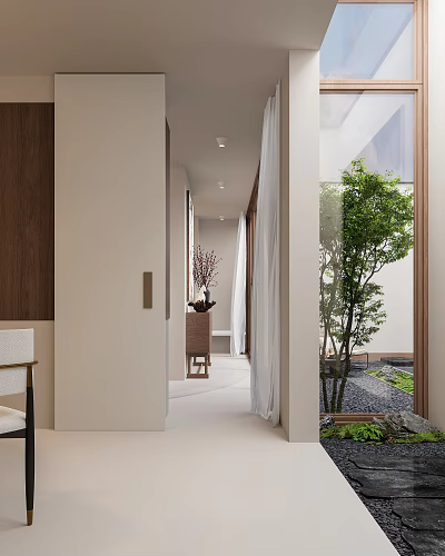 Minimalist Entryway Hallway Interior With Wooden Accents Natural Light And Green Plant 3d model