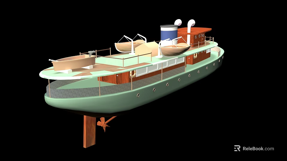 Green Luxury Yacht with Upper Deck Wooden Accents Smokestack and Open Layout 3d model 