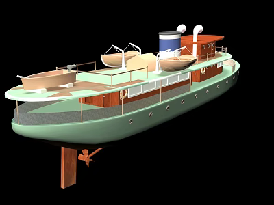 Green Luxury Yacht with Upper Deck Wooden Accents Smokestack and Open Layout 3d model