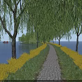 Scenic Cobblestone Path Lined With Weeping Willows Alongside Calm Lake And Yellow Flower Bushes