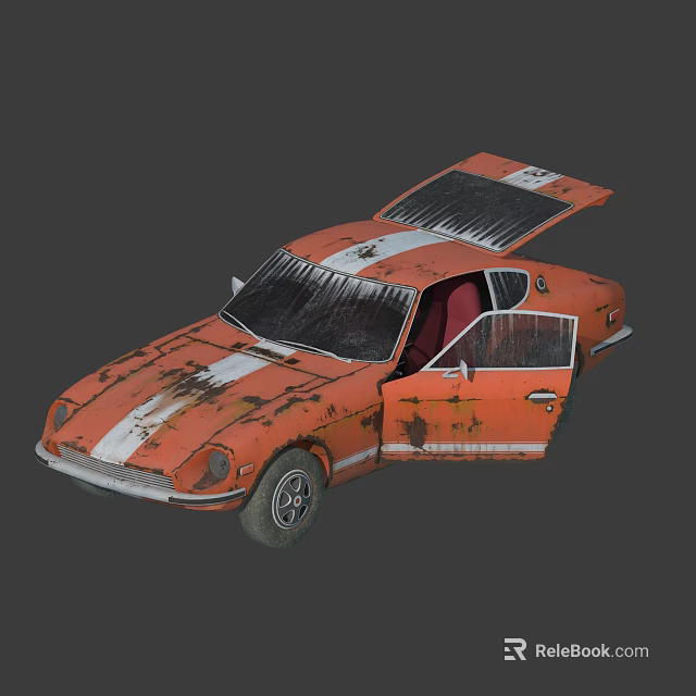 Orange Classic Car with White Stripes Rusty Exterior Red Interior Open Doors and Hood 3d model 