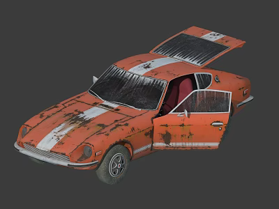 Orange Classic Car with White Stripes Rusty Exterior Red Interior Open Doors and Hood 3d model