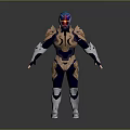 Game Movie Character Wearing Blue And Gold Armor With Glowing Chest Design