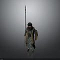Traditional Attire Character Wearing Headscarf Standing With Spear And Shield On Grey Background