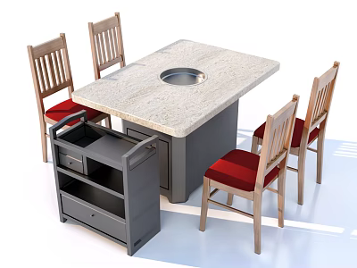 Stone Top Square Dining Table With Round Center Hole Wooden Red Cushioned Chairs And Gray Cart 3d model