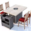 Stone Top Square Dining Table With Round Center Hole Wooden Red Cushioned Chairs And Gray Cart