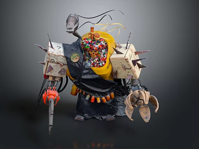 Mechanical Creature Character With Spikes Colorful Decorations Yellow Elements And Claws 3d model