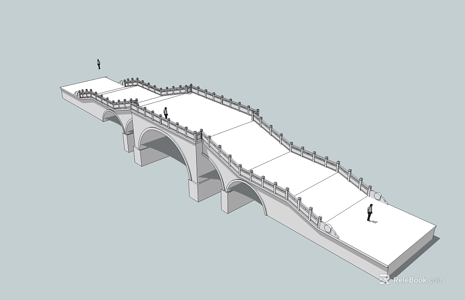 Traditional Stone Arch Landscape Bridge With Ornate Railing And People Walking 3d model 