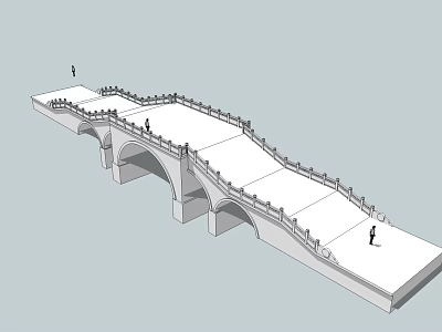 Traditional Stone Arch Landscape Bridge With Ornate Railing And People Walking 3d model