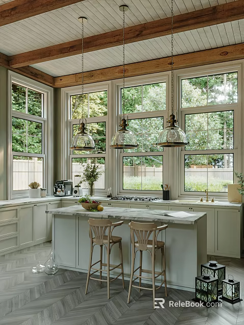 Kitchen Interior With Large Windows Green Trees Glass Pendant Lights Light Gray Cabinets And Island 3d model 