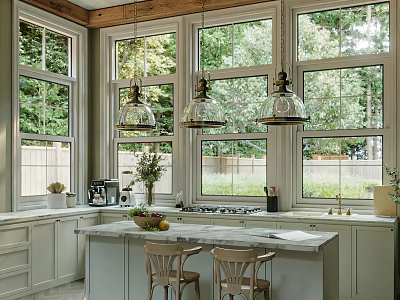 Kitchen Interior With Large Windows Green Trees Glass Pendant Lights Light Gray Cabinets And Island 3d model