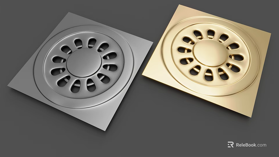Silver And Gold Bathroom Floor Drains With Square Base Circular Grate 3d model