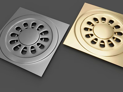 Silver And Gold Bathroom Floor Drains With Square Base Circular Grate 3d model
