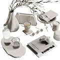 Decorative Ornament Set With Ceramic Vase Olive Branches Glass Cup Tray And Books