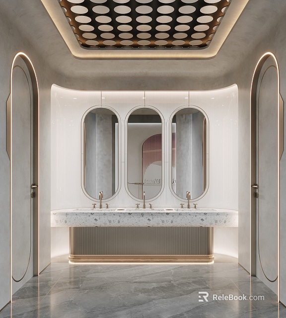 Modern Other Bathroom With Oval Mirrors And Marble Vanity 3d model 