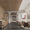 Elegant Modern Clubhouse Interior With Wooden Arched Ceiling Bookshelves Sofa Area And Dark Flooring