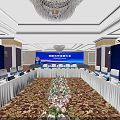 Large Conference Hall Setup With Long Tables White Chairs And Digital Screens