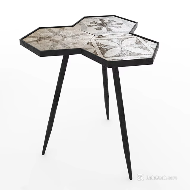 Modern Hexagonal Coffee Table With Patterned Tile Top And Black Metal Legs 3d model 