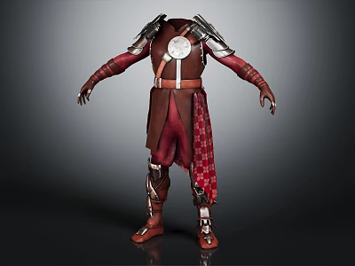 Ornate Detailed Armor Costume With Metallic Plates And Red Fabric Trim 3d model