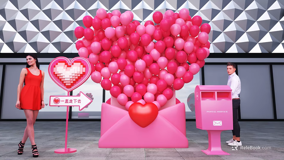 Romantic Photo Spot With Pink Envelope Balloon Heart Neon Sign And Mailbox 3d model 