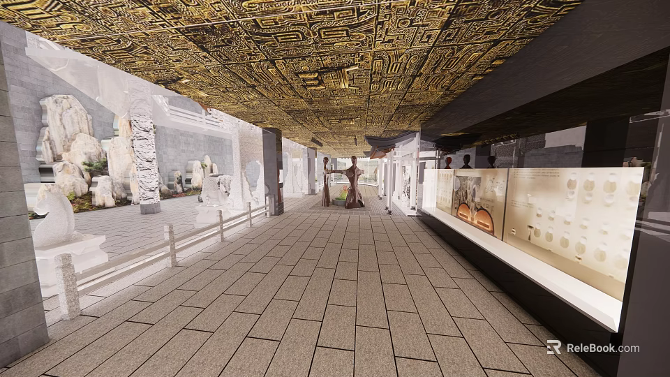 Cultural Center Interior Design Featuring Traditional Golden Ceiling Stone Carvings And Exhibition Corridor 3d model 
