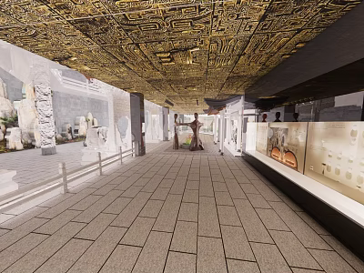 Cultural Center Interior Design Featuring Traditional Golden Ceiling Stone Carvings And Exhibition Corridor 3d model