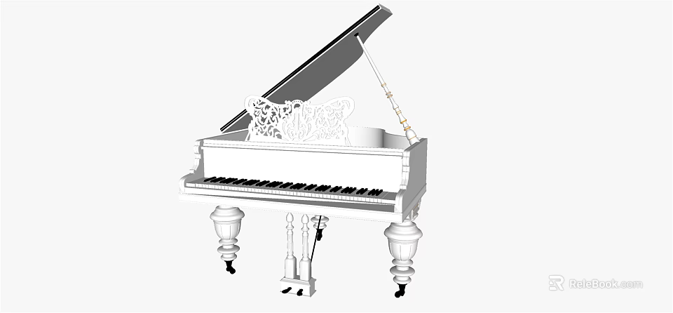 Elegant White Piano Musical Instrument with Carved Artistic Details Open Lid and Ornate Legs 3d model 