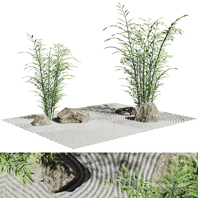 Zen Inspired Garden Landscape With Bamboo Plants Stones And Raked Sand 3d model 