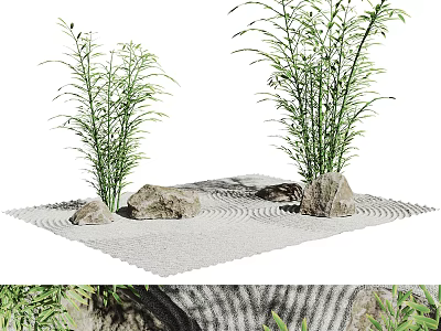 Zen Inspired Garden Landscape With Bamboo Plants Stones And Raked Sand 3d model