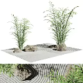 Zen Inspired Garden Landscape With Bamboo Plants Stones And Raked Sand