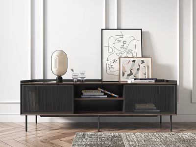 Modern Dark Wood TV Stand With Abstract Wall Art Decorative Lamp Books And Rug 3d model