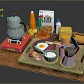 Breakfast Food Spread With Corn Flakes Fried Eggs Cheese Milk Orange Juice And Coffee