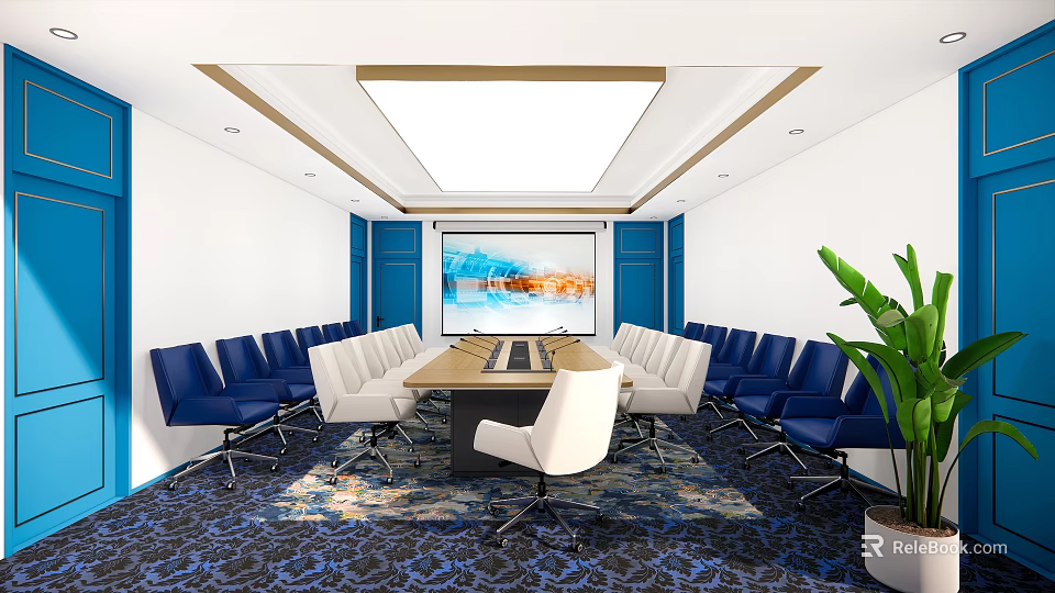 Modern Meeting Room Interior With Long Table Blue White Chairs Projection Screen And Green Plant 3d model 