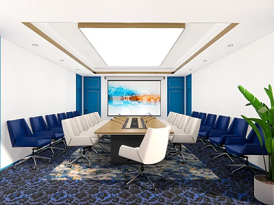 Modern Meeting Room Interior With Long Table Blue White Chairs Projection Screen And Green Plant 3d model