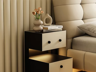 Modern Black And Beige Bedside Table With Drawers Vase Flowers Books And Built In Light 3d model