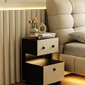 Modern Black And Beige Bedside Table With Drawers Vase Flowers Books And Built In Light